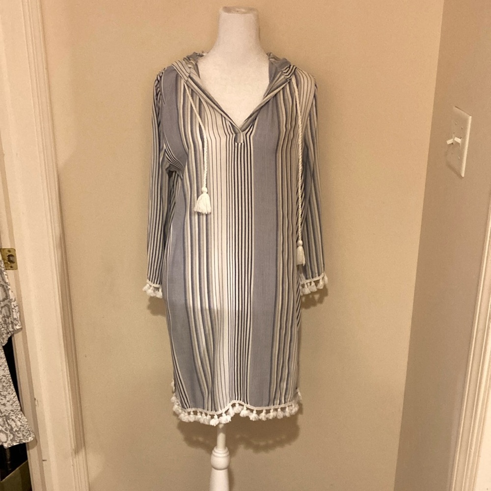 🍋Blue Islands Striped with PomPom detail Swim Suit Coverup with Hood M